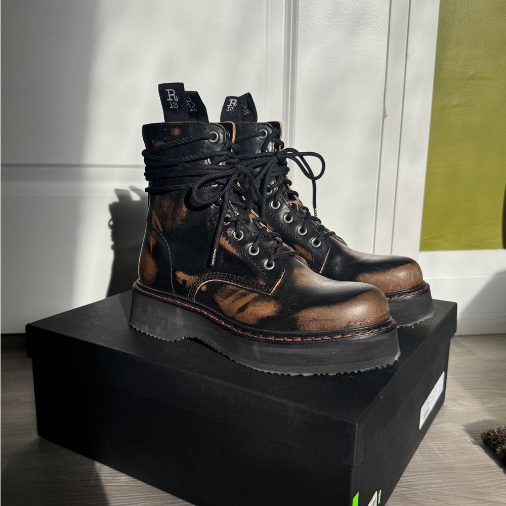R13 Single Stack Distressed Black and Brown Lace-Up Boots